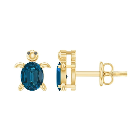 Rosec Jewels Turtle Stud Earrings with London Blue Topaz for Womens Day - AAA Grade, 10K Yellow Gold