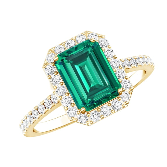 Rosec Jewels Lab Grown Emerald Cut Emerald Engagement Ring with Halo (1.6 Ct, AAAA Quality) - Certified Emerald Diamond Ring, 10K Yellow Gold, US 11.00