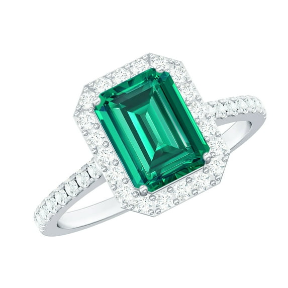 Rosec Jewels Vintage Inspired Created Emerald Ring with Diamond Halo (2.50 CT) - AAAA Quality, 18K White Gold, US 3.50