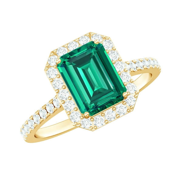 Rosec Jewels Vintage Inspired Created Emerald Ring with Diamond Halo (2.50 CT) - AAAA Quality, 18K Yellow Gold, US 7.00