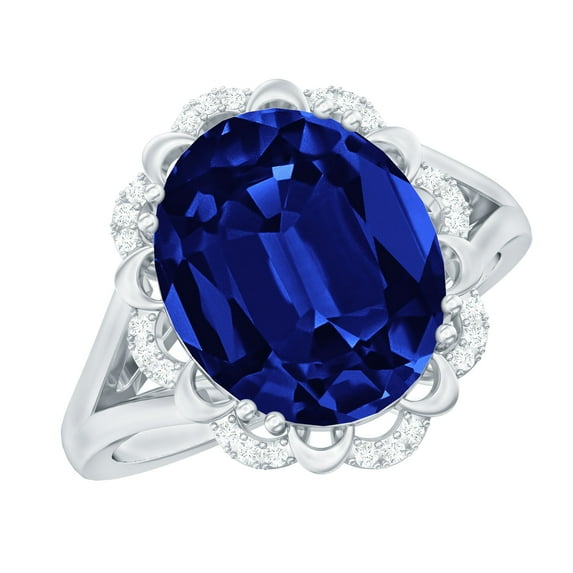 Rosec Jewels Vintage Inspired Lab Grown Blue Sapphire Ring with Diamond (10X12 mm), 14K White Gold, US 3.00