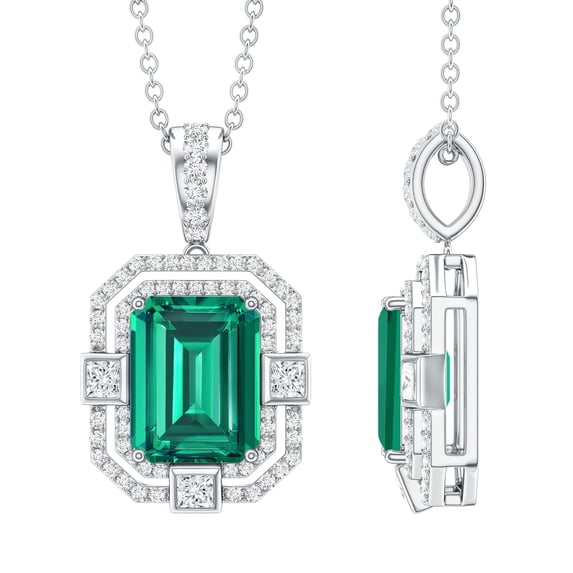 Rosec Jewels Vintage Inspired Lab Grown Emerald Pendant with Moissanite for Women - AAAA Grade, 14K White Gold