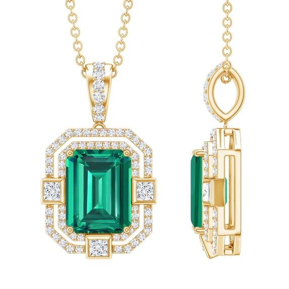 Rosec Jewels Vintage Inspired Lab Grown Emerald Pendant with Moissanite for Women - AAAA Grade, 18K Yellow Gold