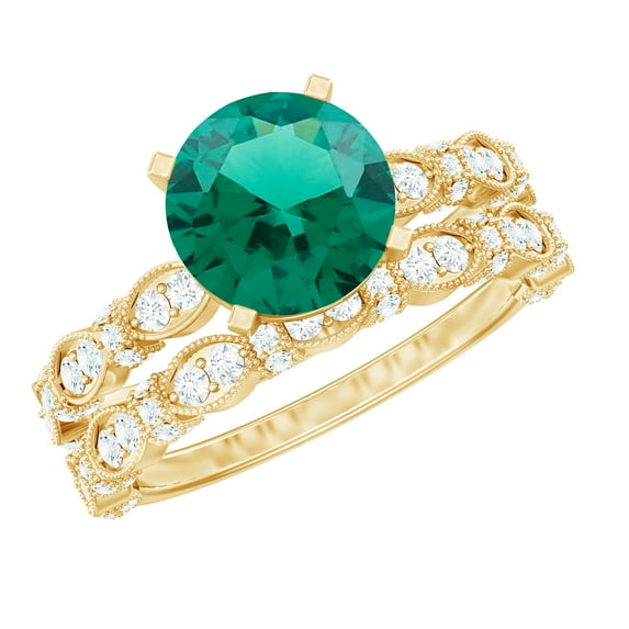 Rosec Jewels Lab Grown Emerald Wedding Ring Set - Emerald Engagement Ring with Band - AAAA Quality - With Jewelry Box, 10K Yellow Gold, US 8.50