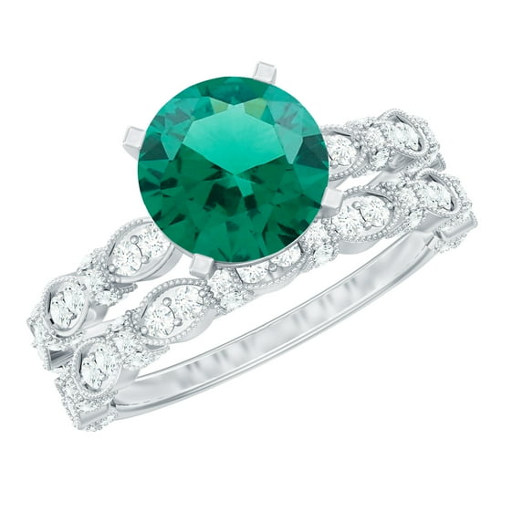 Rosec Jewels Lab Grown Emerald Wedding Ring Set - Emerald Engagement Ring with Band - AAAA Quality - With Jewelry Box, 14K White Gold, US 8.00