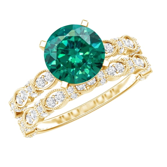 Rosec Jewels Lab Grown Emerald Wedding Ring Set - Emerald Engagement Ring with Band - AAAA Quality - With Jewelry Box, 18K Yellow Gold, US 11.50