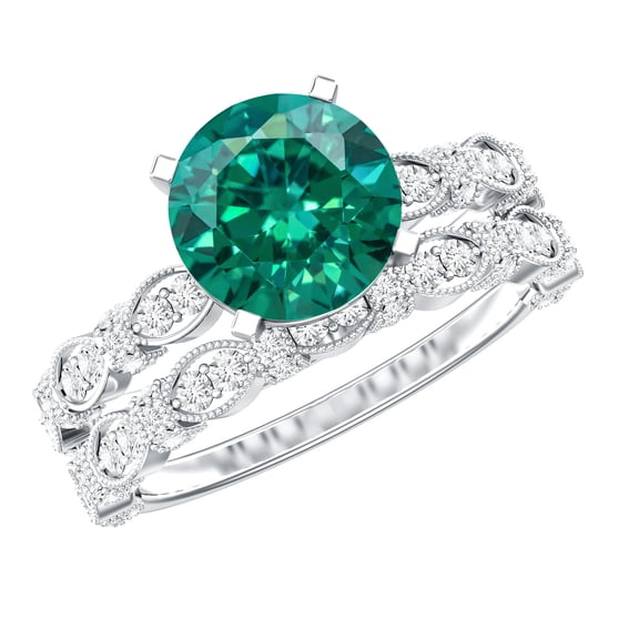 Rosec Jewels Lab Grown Emerald Wedding Ring Set - Emerald Engagement Ring with Band - AAAA Quality - With Jewelry Box, 925 Sterling Silver, US 4.00