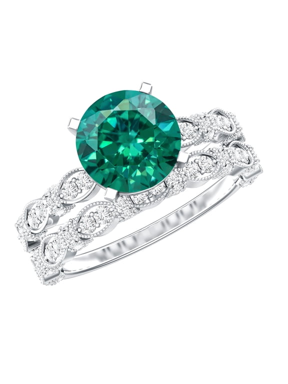 Lab Grown Emerald Wedding Ring Set - Emerald Engagement Ring with Band - AAAA Quality - With Jewelry Box, 925 Sterling Silver, US 4.00