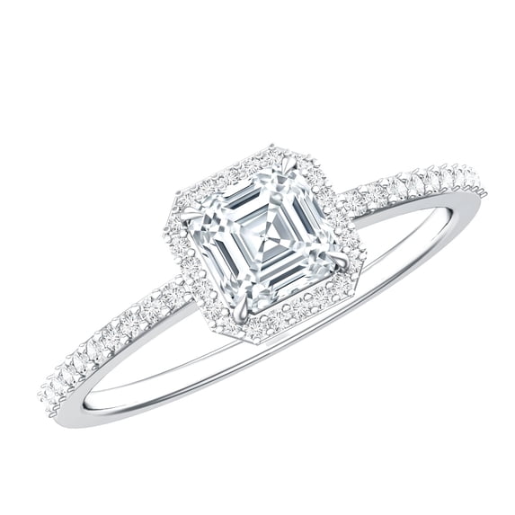 Rosec Jewels Vintage Style Lab Grown Diamond Asscher Cut Engagement with Halo - 0.7 Ct - EF-VS Quality - with Jewelry Box, 10K White Gold, US 10.50