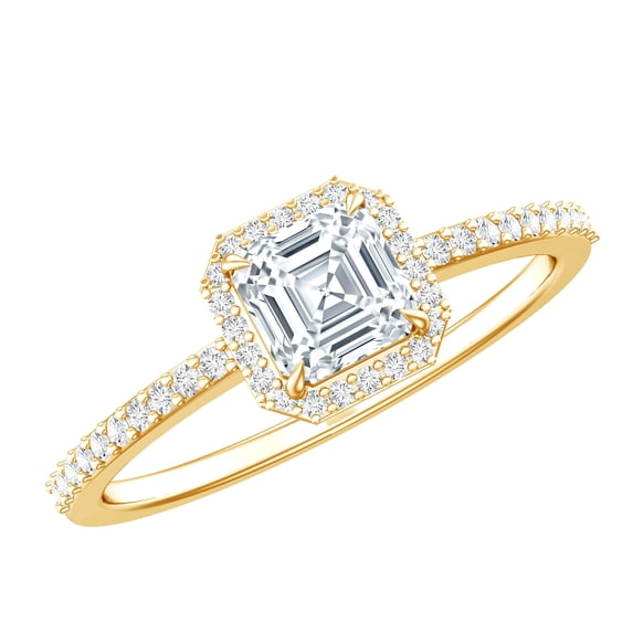 Rosec Jewels Vintage Style Lab Grown Diamond Asscher Cut Engagement with Halo - 0.7 Ct - EF-VS Quality - with Jewelry Box, 14K Yellow Gold, US 10.50