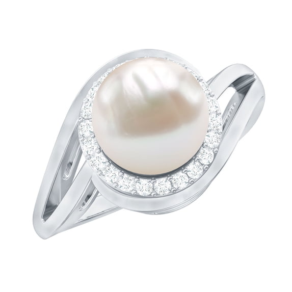 Rosec Jewels White Pearl Ring with Diamond Halo for Women (8 MM, AAA Grade), 10K White Gold, US 13.00