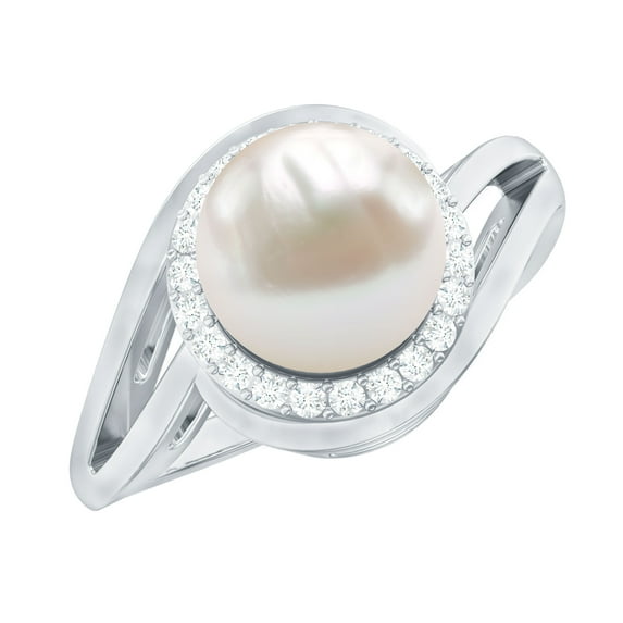 Rosec Jewels White Pearl Ring with Diamond Halo for Women (8 MM, AAA Grade), 10K White Gold, US 6.00