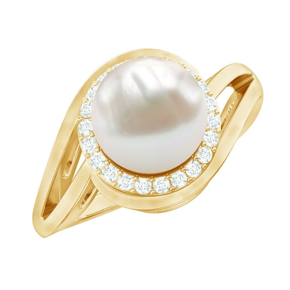 Rosec Jewels White Pearl Ring with Diamond Halo for Women (8 MM, AAA Grade), 14K Yellow Gold, US 11.00