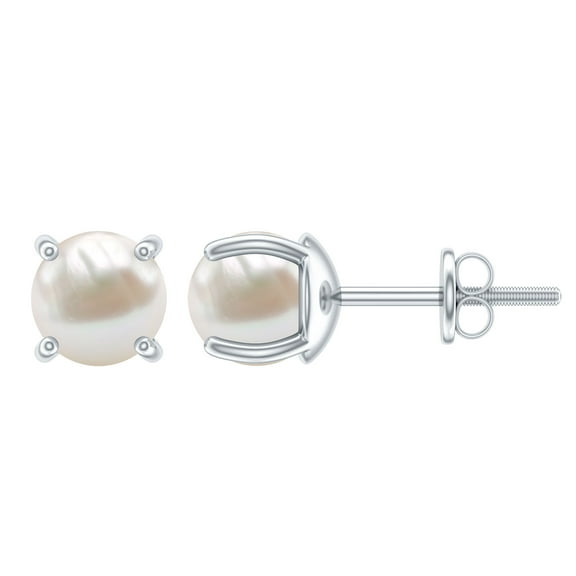 Rosec Jewels White Pearl Stud Earrings for Mom - Solitaire Earrings for Women - 6 mm, 14K White Gold