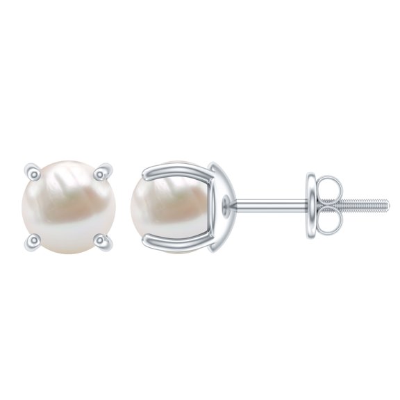 Rosec Jewels White Pearl Stud Earrings for Mom - Solitaire Earrings for Women - 6 mm, 14K White Gold
