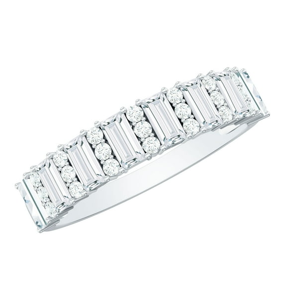 Rosec Jewels Certified Moissanite Half Eternity Ring for Women - Round and Baguette Moissanite Ring - D-VS1 Grade - Ready to Gift, 10K White Gold, US 9.00