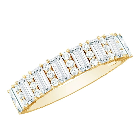 Rosec Jewels Certified Moissanite Half Eternity Ring for Women - Round and Baguette Moissanite Ring - D-VS1 Grade - Ready to Gift, 10K Yellow Gold, US 5.50