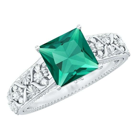 Rosec Jewels Womens 2.25 CT Princess Cut Created Emerald Solitaire Ring with Diamond in Vintage Style, 10K White Gold, US 11.50