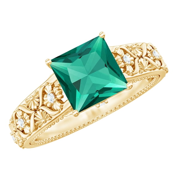 Rosec Jewels Womens 2.25 CT Princess Cut Created Emerald Solitaire Ring with Diamond in Vintage Style, 10K Yellow Gold, US 6.00