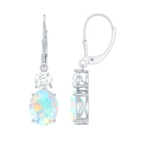 Rosec Jewels Womens Ethiopian Opal Drop Earrings with Moissanite - 8X10 mm Opal - AAA Grade, 10K White Gold