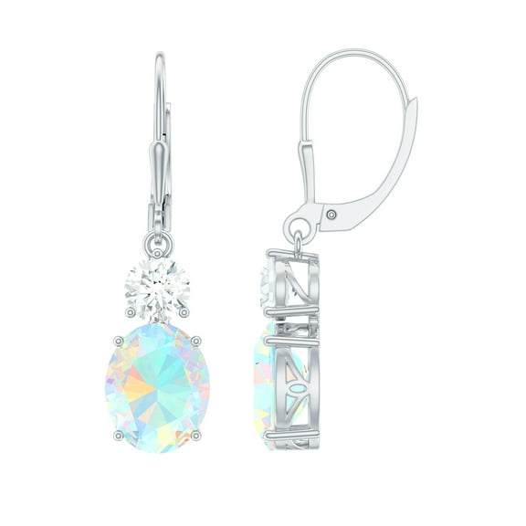 Rosec Jewels Womens Ethiopian Opal Drop Earrings with Moissanite - 8X10 mm Opal - AAA Grade, 10K White Gold