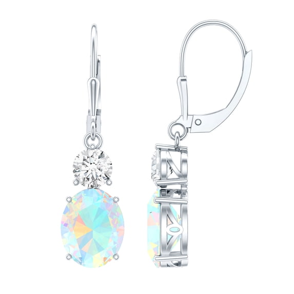 Womens Ethiopian Opal Drop Earrings with Moissanite - 2 Carat - AAA Grade, 14K White Gold