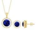 thumbnail image 1 of Rosec Jewels Certified Lab Grown Blue Sapphire Pendant and Earrings Set with Halo - AAAA Quality - Ready to Gift with Jewelry Box, 10K Yellow Gold, 1 of 7