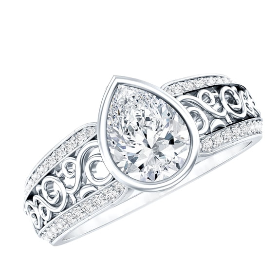 Rosec Jewels Vintage Style Moissanite Solitaire Engagement Ring - 1 Carat - Pear Shape Moissanite Ring - D-VS1 Grade, 925 Sterling Silver, US 4.00