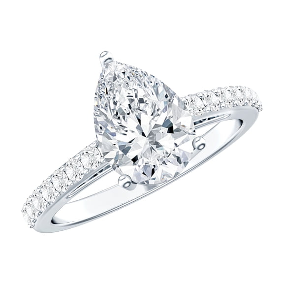 Womens Moissanite Teardrop Engagement Ring with Side Stones - 2 Carat, 7X10 mm, D-VS1 Grade, 10K White Gold, US 12.50
