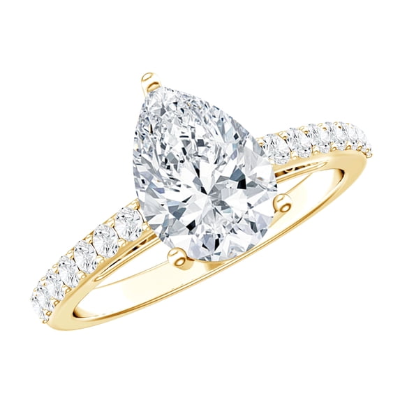 Womens Moissanite Teardrop Engagement Ring with Side Stones - 2 Carat, 7X10 mm, D-VS1 Grade, 10K Yellow Gold, US 5.00