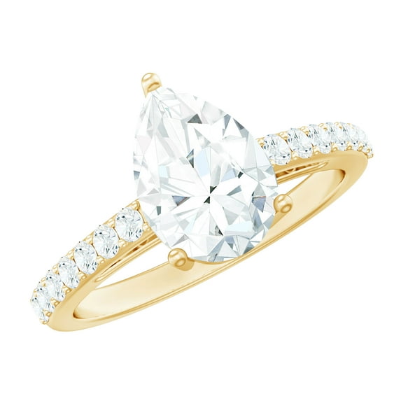Rosec Jewels Womens Moissanite Teardrop Engagement Ring with Side Stones - 2 Carat, 7X10 mm, D-VS1 Grade, 18K Yellow Gold, US 3.00
