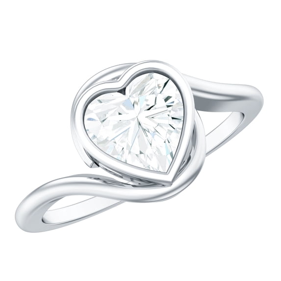 Rosec Jewels Moissanite Heart Engagement Ring 2 Carat - Bypass Ring for Women - 8 mm - D-VS1 Quality, 14K White Gold, US 10.00