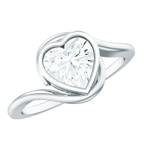 Rosec Jewels Moissanite Heart Engagement Ring 2 Carat - Bypass Ring for Women - 8 mm - D-VS1 Quality, 18K White Gold, US 5.00