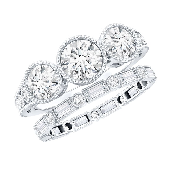 Rosec Jewels Moissanite Wedding Ring Set for Women - 3 Stone Engagement Ring with Enhancer - D-VS1 Quality - Jewelry Box included, 14K White Gold, US 12.00