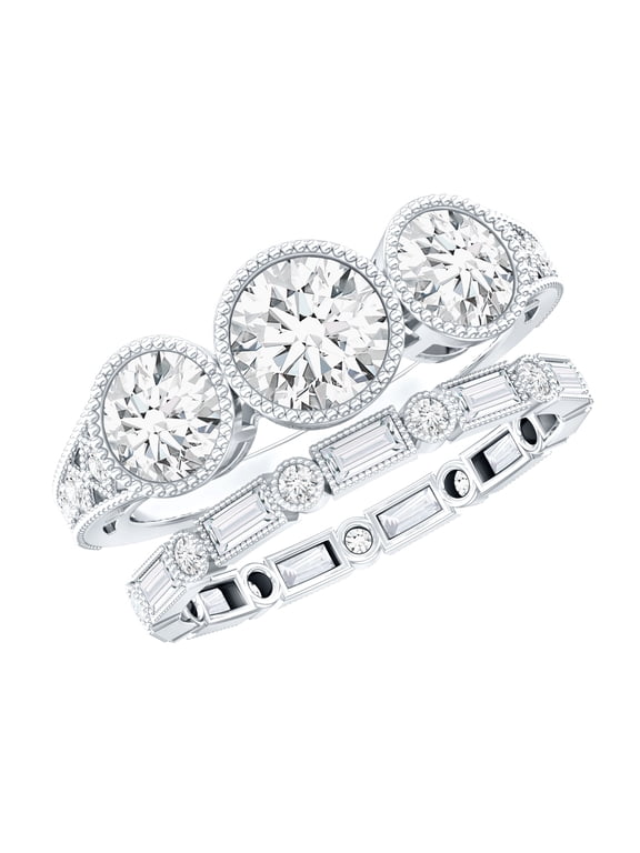 Moissanite Wedding Ring Set for Women - 3 Stone Engagement Ring with Enhancer - D-VS1 Quality - Jewelry Box included, 14K White Gold, US 7.50