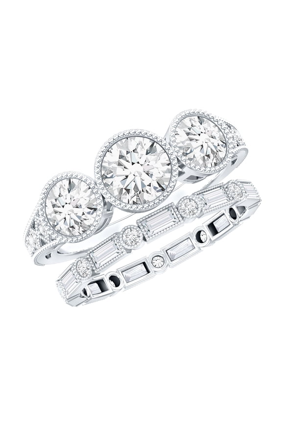 Moissanite Wedding Ring Set for Women - 3 Stone Engagement Ring with Enhancer - D-VS1 Quality - Jewelry Box included, 14K White Gold, US 7.50