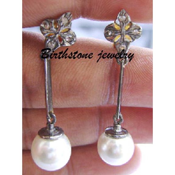 Rosecut Diamond Pearl Silver Dangle Earrings Natural Diamond Earrings Rosecut Earrings, Rosecut Jewelry. Dangle Earrings, Diamond earrings