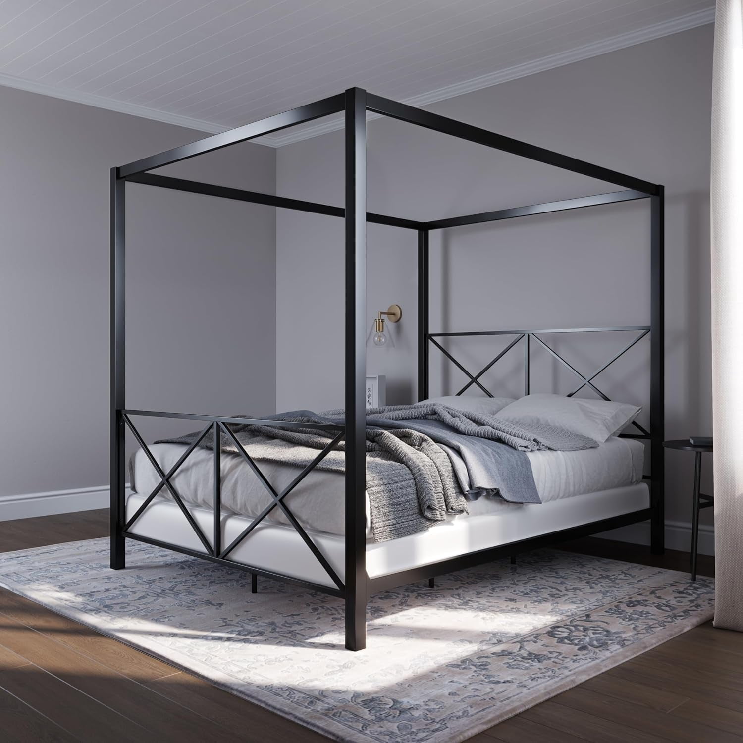 Rosedale Metal Canopy Bed Frame with Four Poster Design and Geometric ...