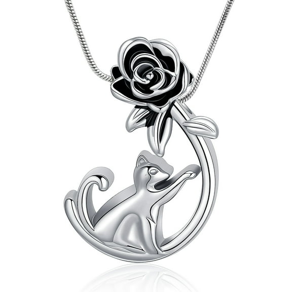 Roseflower Cat Urn Necklace for Ashes for Pet Human Stainless Steel Cute Cremation Jewelry for Human Cat Lovers