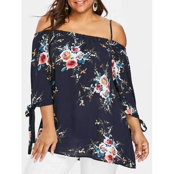 Rosegal For Women Plus Size Floral Cold Shoulder Blouse Purplish Blue 3XL