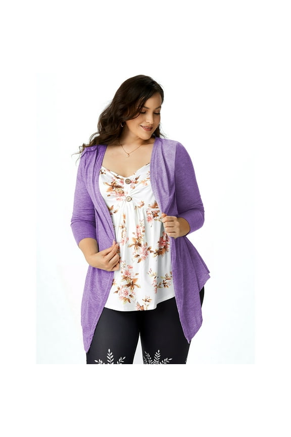 For Women Plus Size Shirt 2 In 1 Top Floral Print Long Sleeve Faux Asymmetric Tee Light Purple 3XL