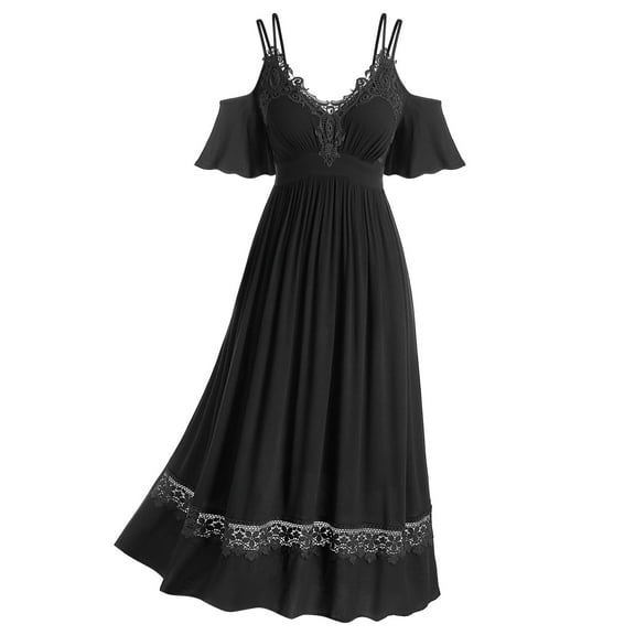 Rosegal Halloween Plus Size Gothic for Women Cosplay Party Prom Lace Floral Guipure Panel Open Shoulder Dual Strap Empire Waist Maxi Dress 1X