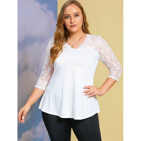 Rosegal Lace Panel V Neck Solid Plus Size Top White 1X