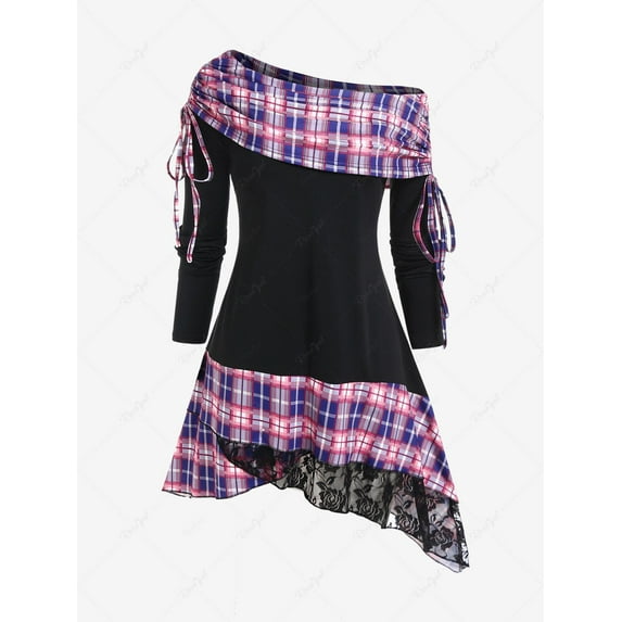 Rosegal Plus Size Cinched Ruched Plaid Panel Lace Hem Asymmetrical Convertible Collar Top