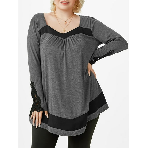 Rosegal Plus Size Colorblock Lace Crochet Irregular T-shirt