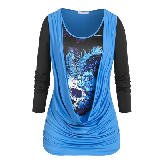 Rosegal Plus Size Cowl Front Skull Print Halloween T-shirt Blue 3X