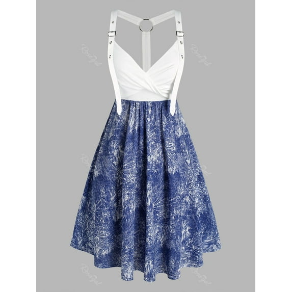 Rosegal Plus Size & Curve Denim Print Twist Cutout Buckle Ring Dress