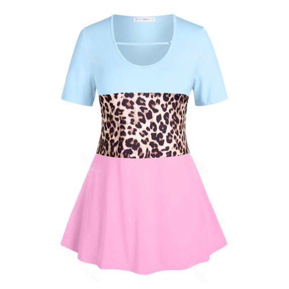 Rosegal Plus Size & Curve Leopard Print Colorblock Tee