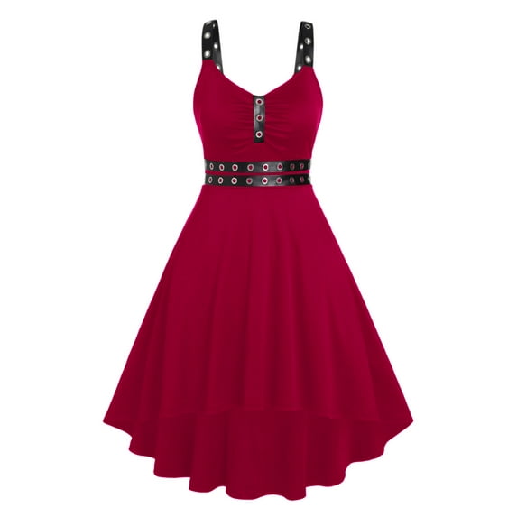 Rosegal Plus Size Eyelets Ruched High Low Punk Dress Deep Red L