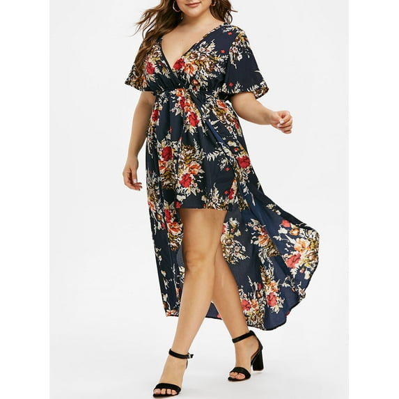Rosegal Plus Size Floral Print Bell Sleeve High Low Maxi Dress Lapis Blue 1X
